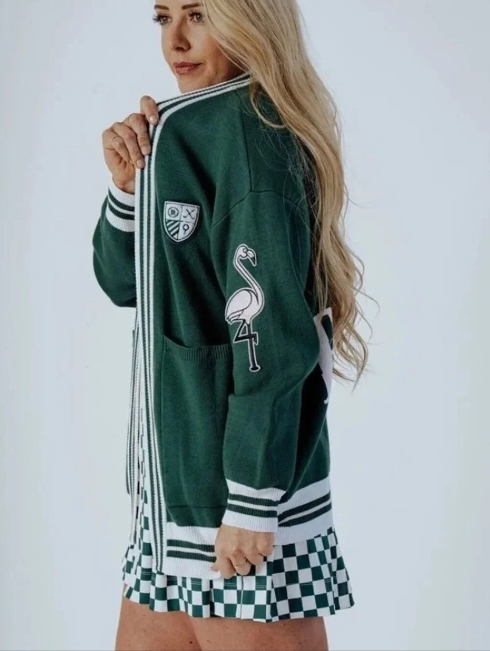 Fore Alll Womens XL Green Collegiate Golf Babe Cardigan Patches Preppy Academia